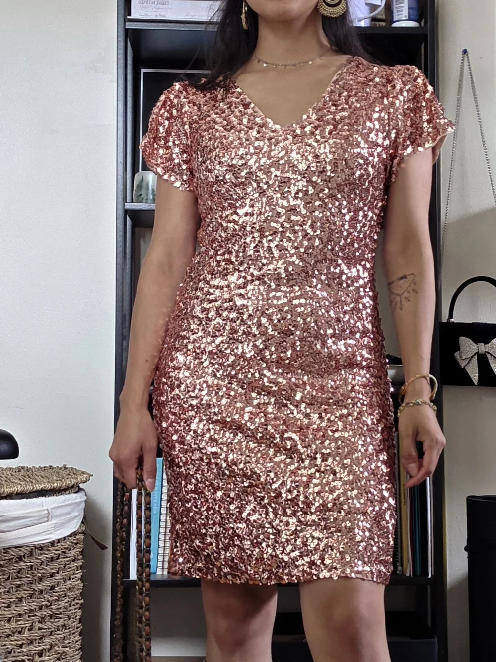 Sequin V-Neck Dress in Rose Gold